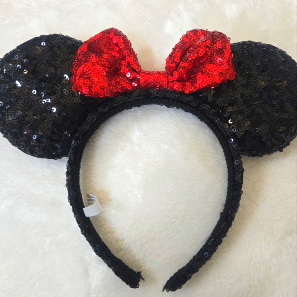 Sequin Mouse Ears Headband with Red And Pink Bow